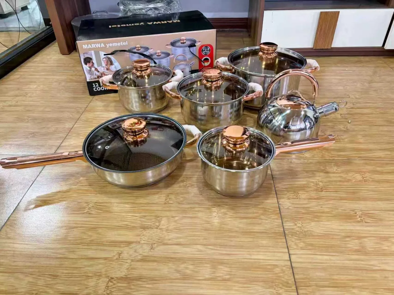 Marwa 12-Piece Stainless Steel Cookware Set with Rose Gold Handles
