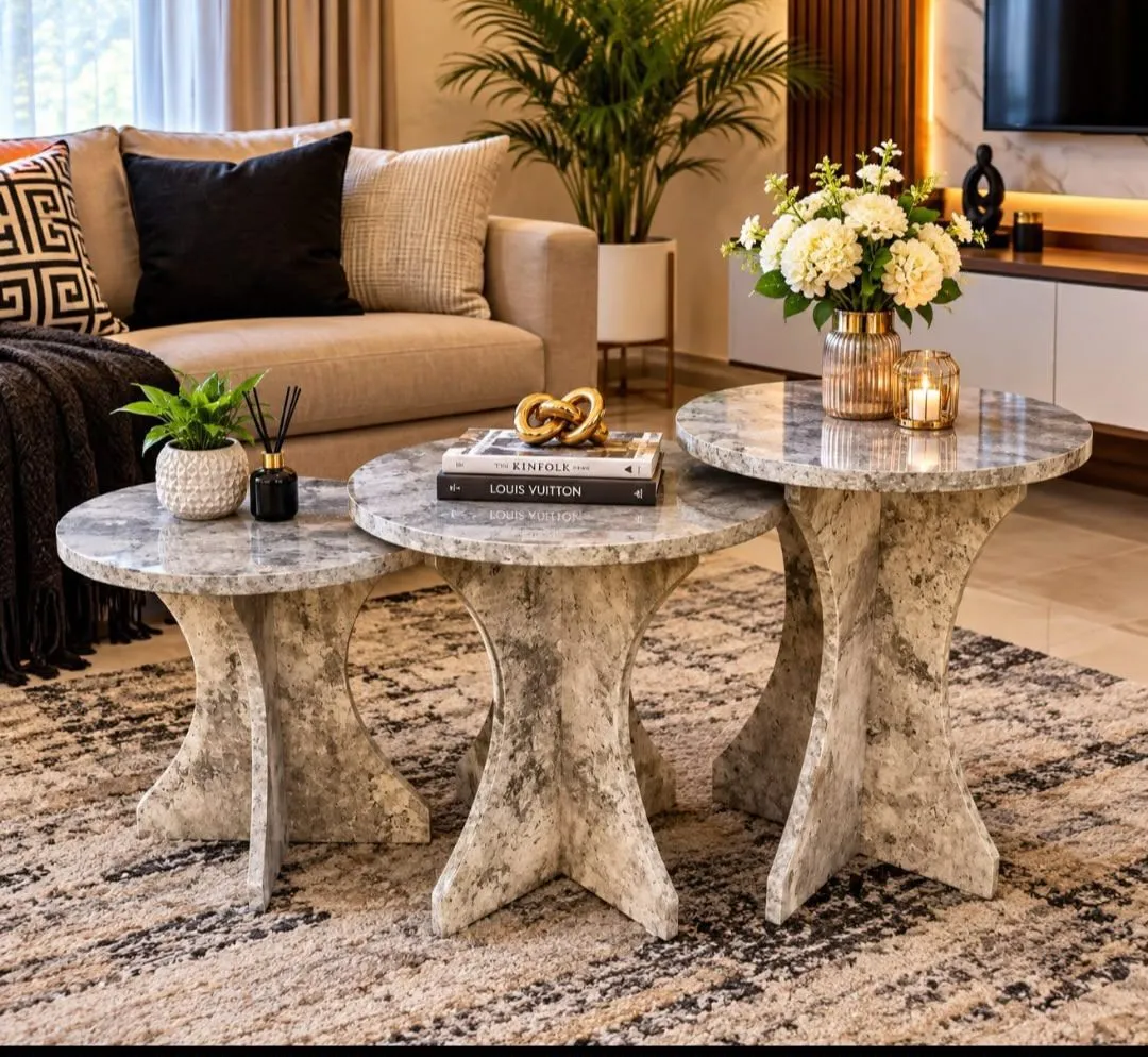 Set of 3 Round Marble-Look Nesting Side Tables with Pedestal Bases - Image 2