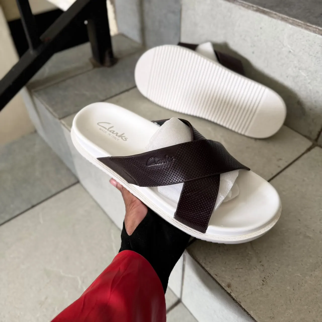 Clarks Brown Cross-Strap Slide Sandals