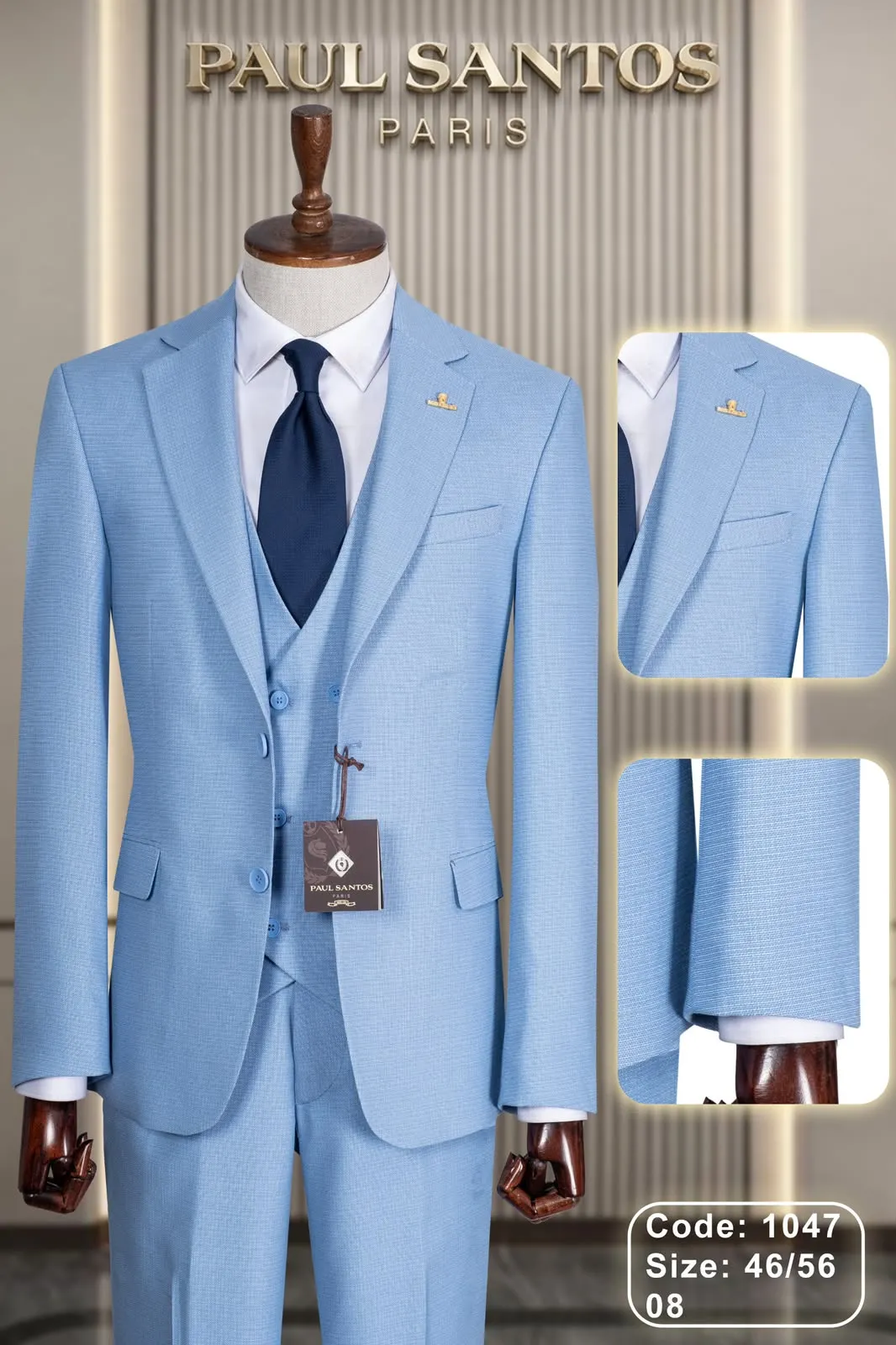 Paul Santos Men's Light Blue Three-Piece Suit