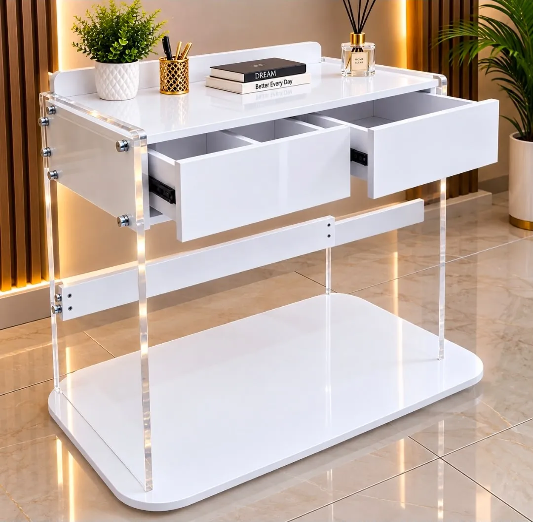 Modern White Desk with Clear Acrylic Legs and Two Drawers