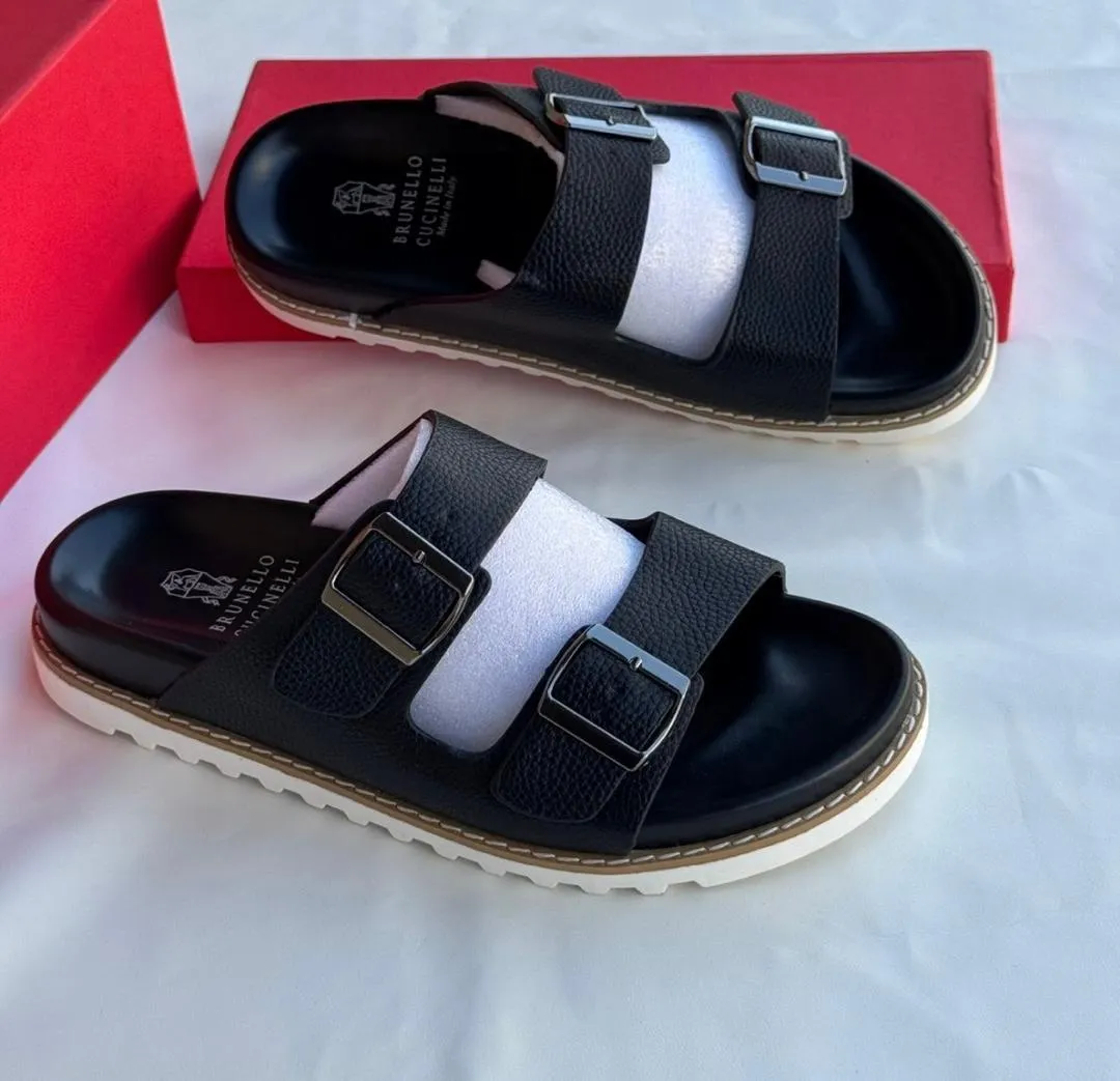 Brunello Cucinelli Dark Brown Leather Double-Strap Slide Sandals - Image 3