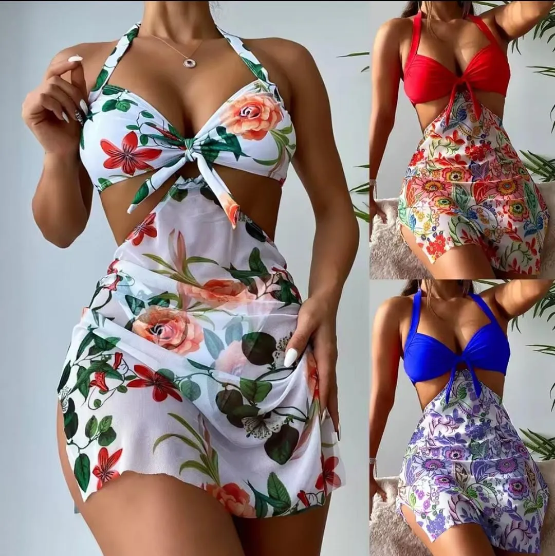 Red Halter Bikini Top with Floral High-Waisted Swim Bottoms - Image 3