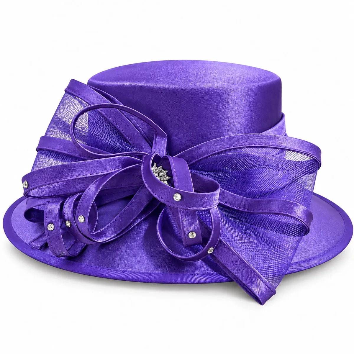 Purple Satin Wide-Brim Dress Hat with Bow and Rhinestones - Image 2