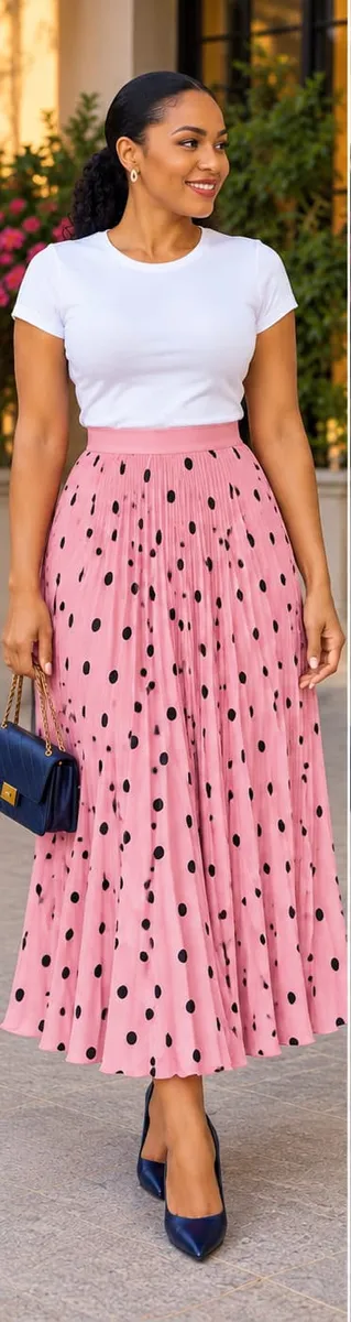 Red Polka Dot Pleated Midi Skirt - Image 2