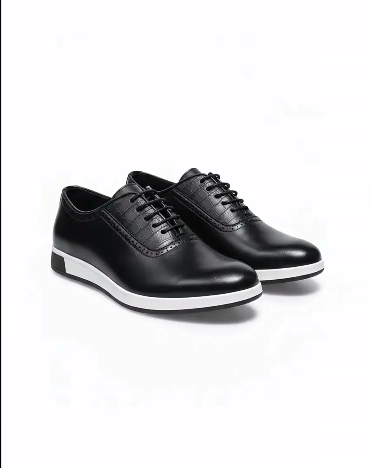 Black Lace-Up Leather Shoes with White Sole