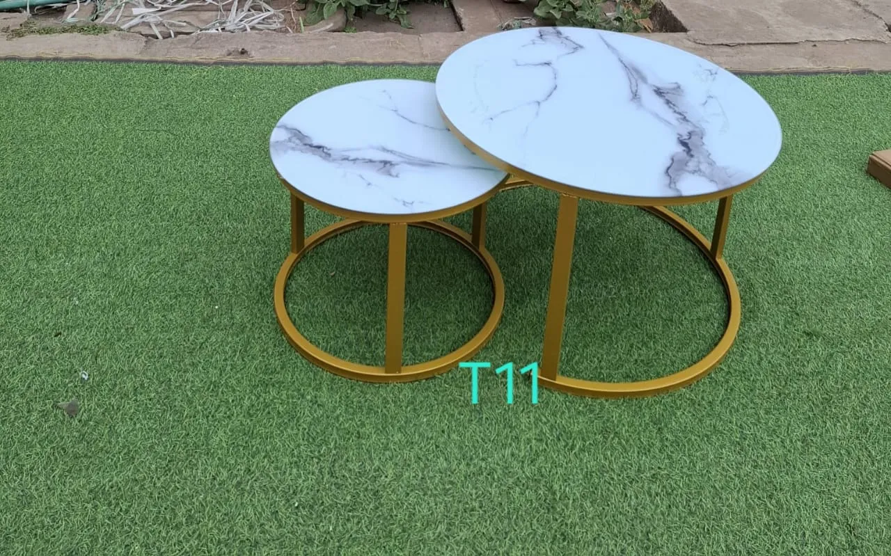 Set of 2 Round Marble-Pattern Nesting Coffee Tables with Gold Metal Frame