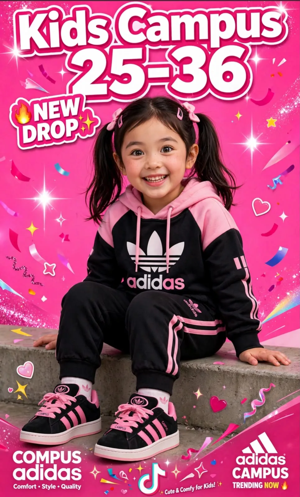 Adidas Kids Black and Pink Tracksuit with Campus Sneakers