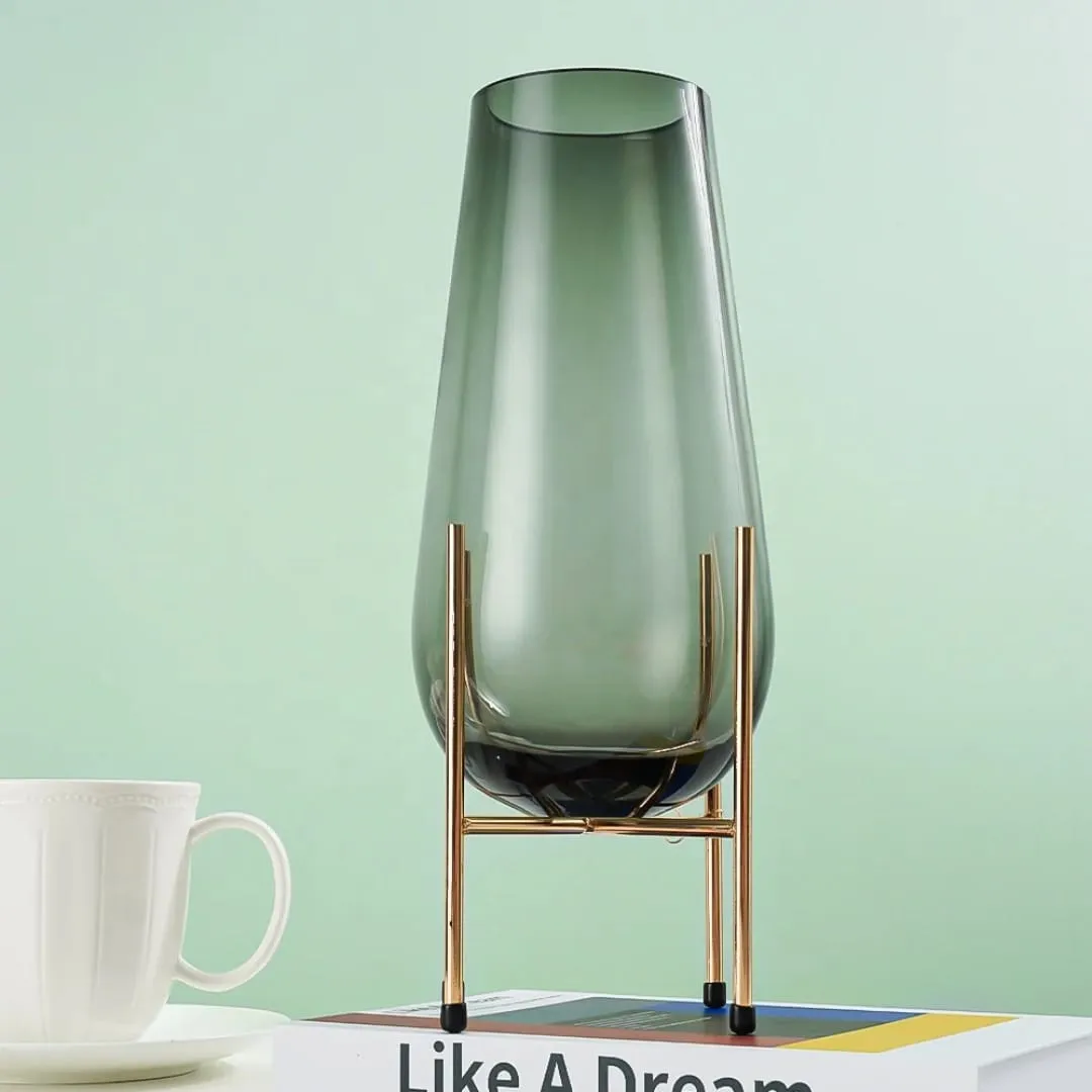Green Glass Vase with Gold Metal Stand