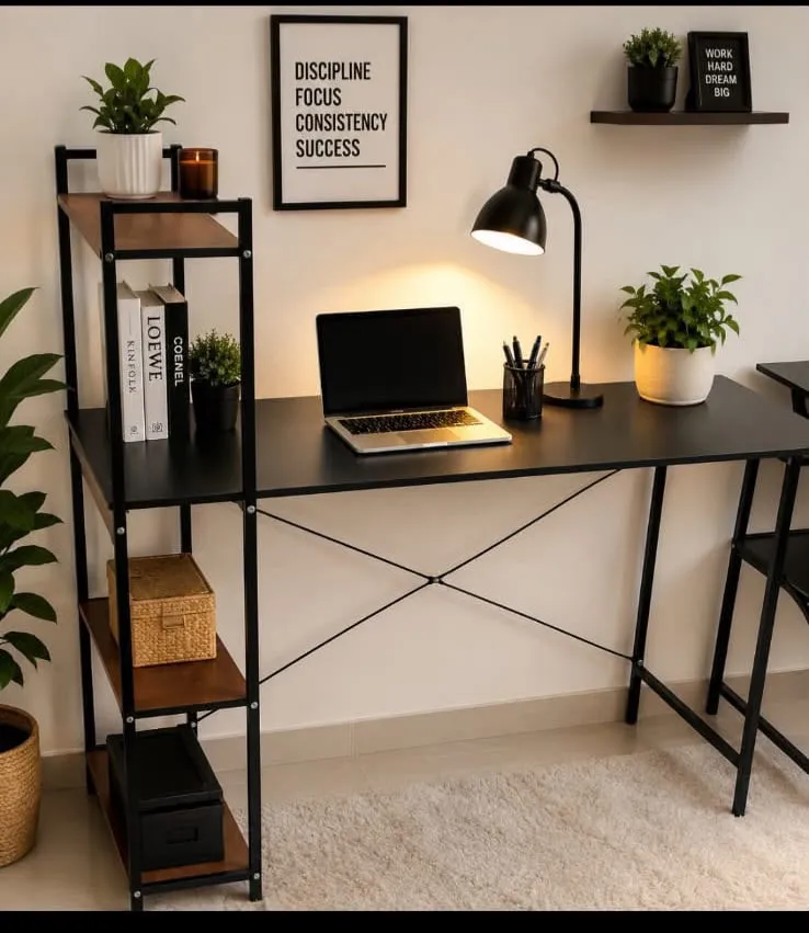 Black Computer Desk with Side Storage Shelves - Image 2