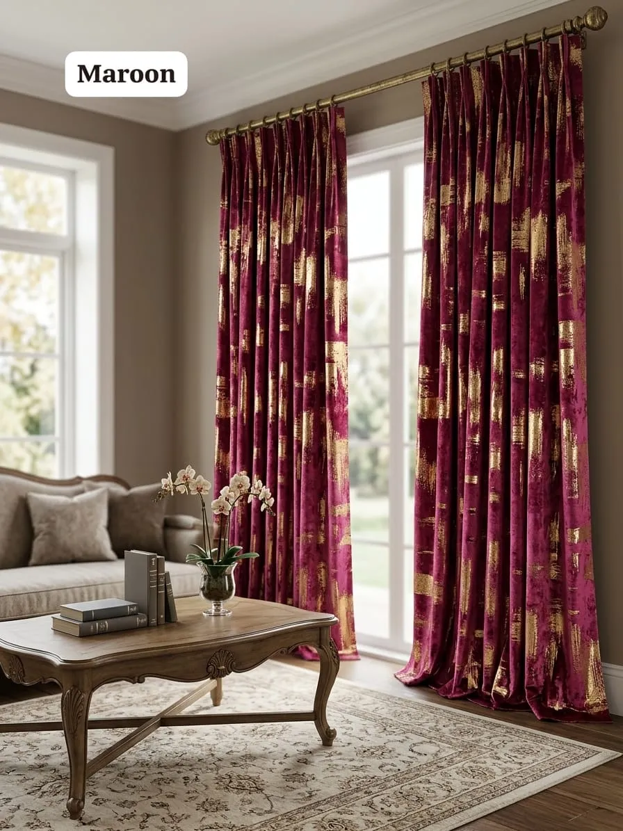 Maroon Gold Patterned Window Curtains, 2 Panels