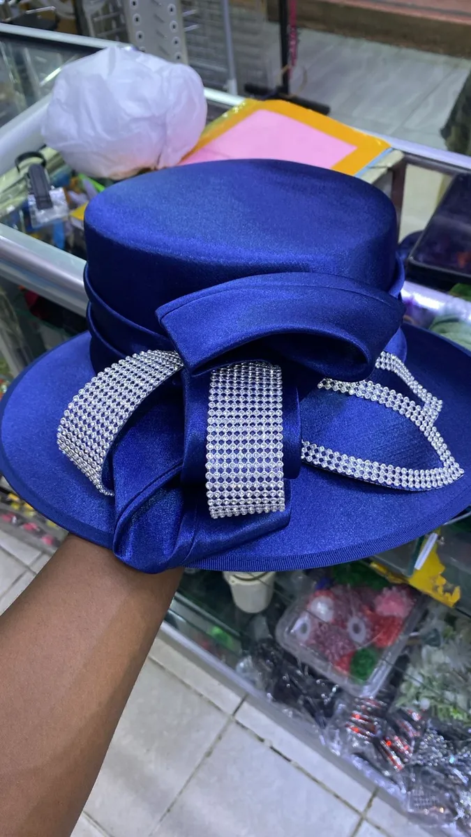 Royal Blue Satin Wide-Brim Dress Hat with Rhinestone Bow - Image 3