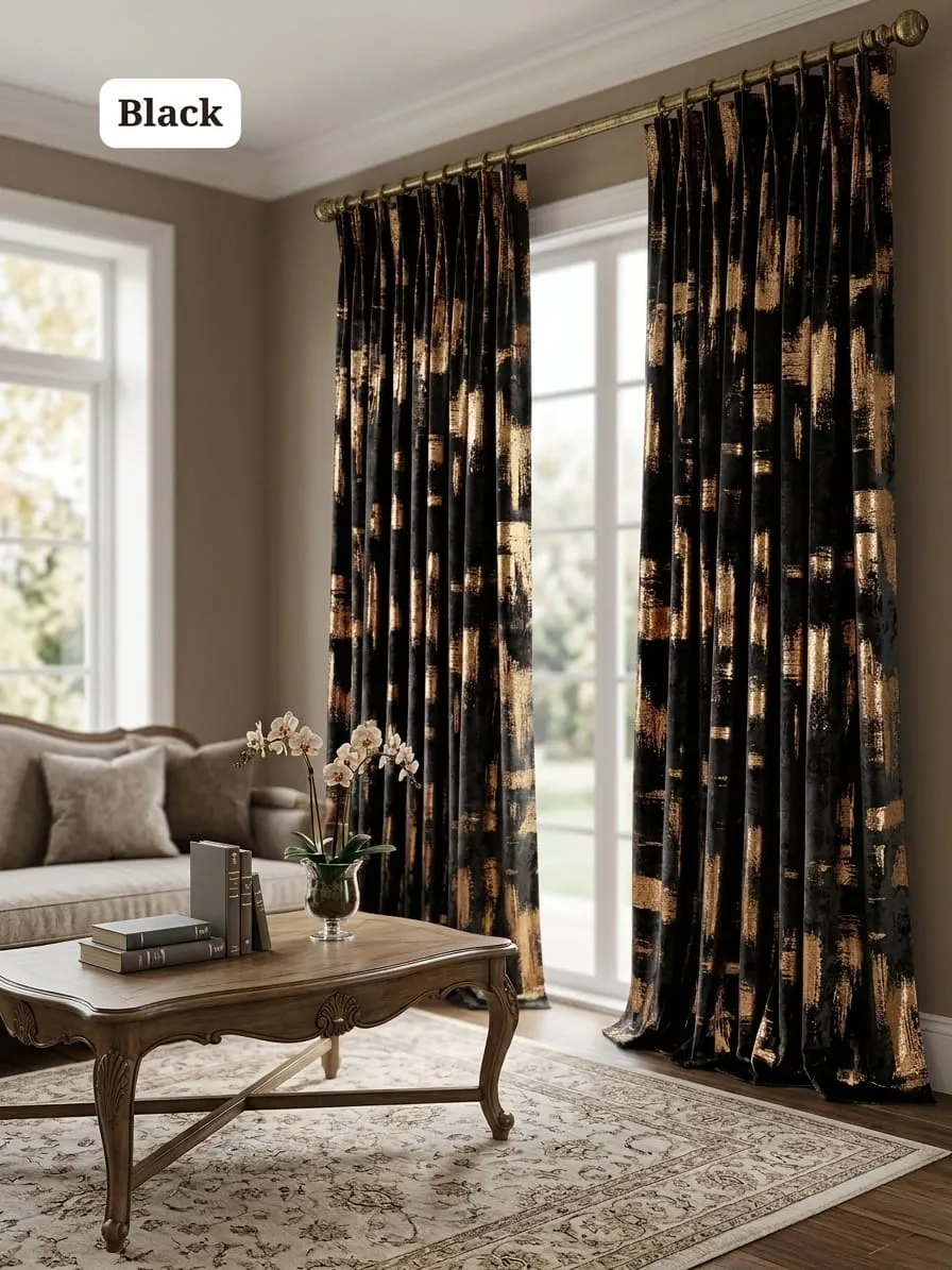 Black and Gold Brushstroke Pattern Pleated Curtains - Image 2