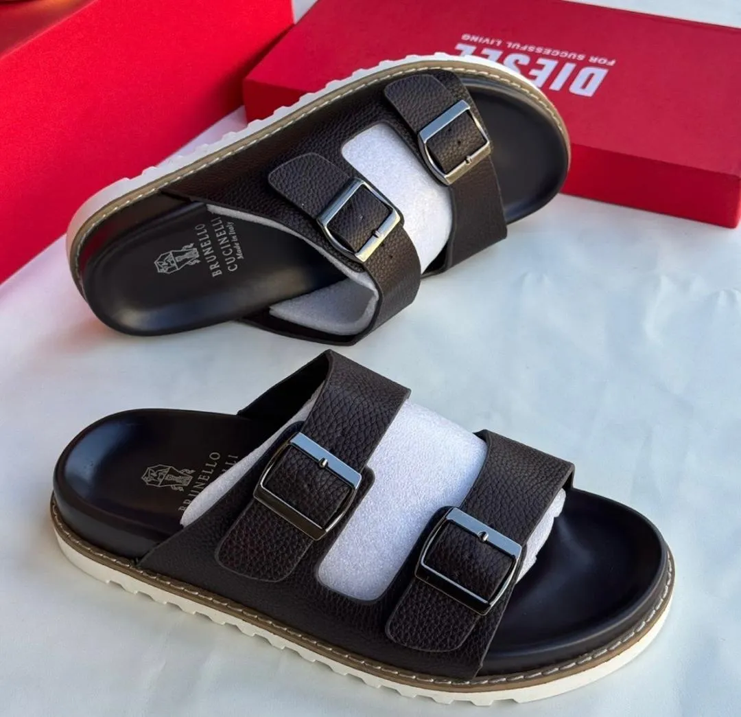 Brunello Cucinelli Dark Brown Leather Double-Strap Slide Sandals - Image 2