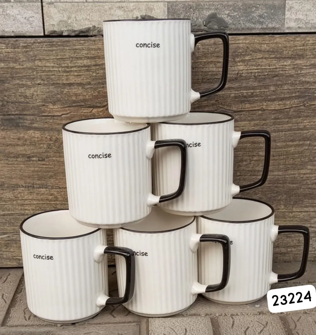 Concise White Ribbed Ceramic Mug with Black Handle